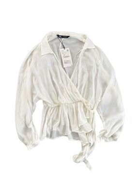 Zara White Wrap Blouse with Tie Waist NWT